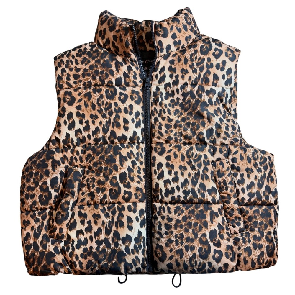 Almost Famous Leopard Print Puffer Vest Women Medium Brown Animal Zip Up Pockets